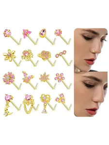16Pcs Nose Rings L Shaped Nose Stud Stainless Steel Butterfly Flower Leaf Heart Moon Dangle Nose Stud Ring Body Piercing Jewelry for Women Men 20G Pink Blue Clear CZ Body Piercings Set