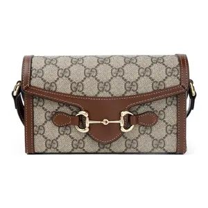 GUCCI Horsebit 1955 Mini Crossbody Shoulder Bag, Brown-Ebony Monogram Canvas with Leather Trim, Unisex Handbag Shoulder Purse
