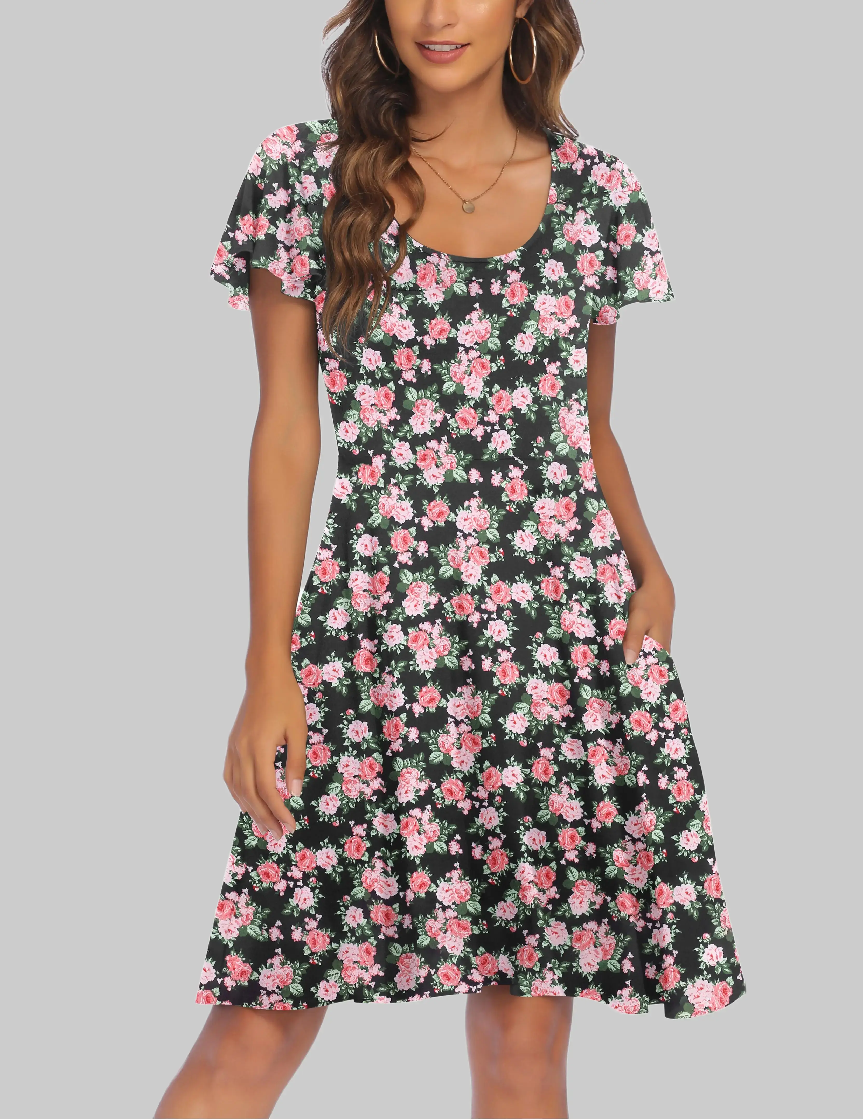 Women's Casual Floral Summer Dress with Ruffle Sleeves Crewneck Flowy Swing Mini Dress with Pockets Bohemian Style Shortsleeve Womenswear