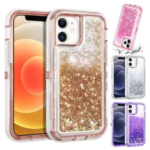 For iPhone 16 15 14 13 12 11 Pro Max Bling Liquid Glitter Hard Cover Sparkly Gilter Heavy Duty Shockproof Case, Shockproof Liquid Glitter Defender Case, Colorful Quicksand TPU Bling Diamond Flowing Liquid Floating Sparkly Hybrid Heavy Duty Shell Case