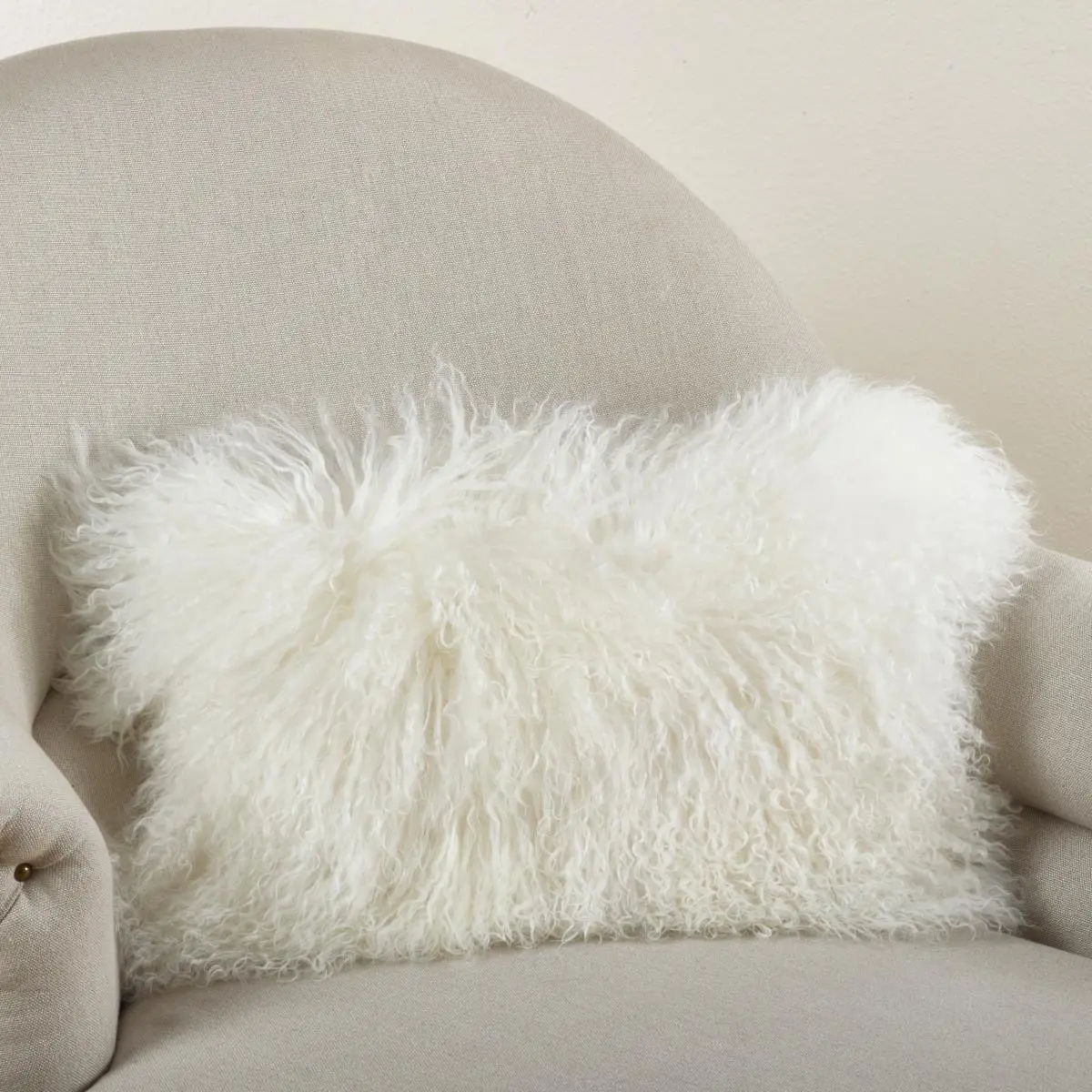 212 MAIN Soft Furry Cushion - 12x20 in. Luxury Mongolian Lamb Wool Fiber Throw Pillow, Ivory Color, Poly-Fill Insert, Spot Cleanable (SARO 3564.I1220B)