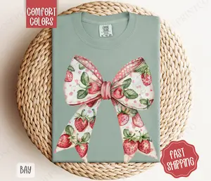 Strawberry Bow Comfort Colors Tshirt, Cute Fruit Tee, Girly Aesthetic Shirt