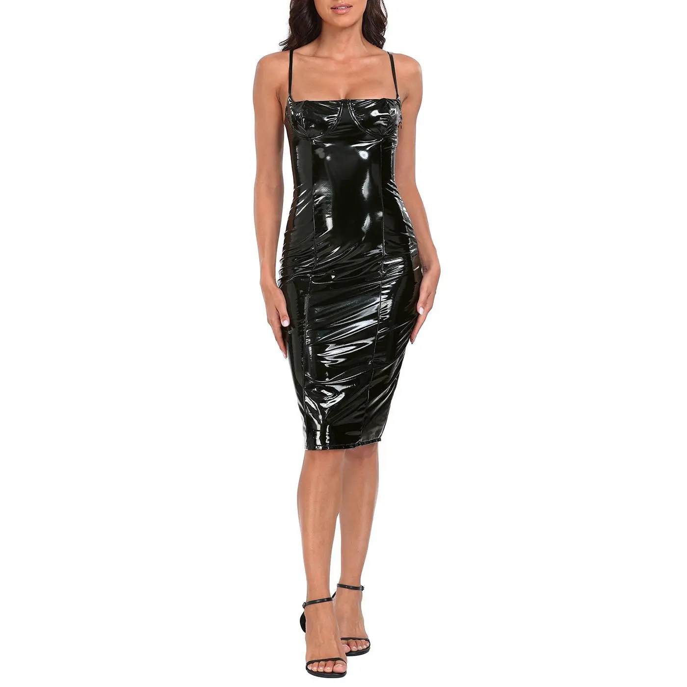 HDE Women's Bodycon Midi Dress in Shiny Faux Leather, Formal Cocktail Party Wear with Zipper Closure and Underwire Balconette Bust, Halloween, Formal Wear, Fit, Light, Fabric, Bodycon Side Slit, Elegant, Adjustable