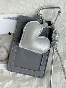 Korean Style Sweetheart Heart-Shaped Leather Card Holder, ID Bus Student Campus Card Protection Case, Cute Miu Series Keychain, Fashionable Card Holder