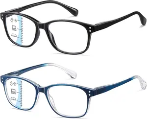 2-Pack Blue Light Multifocus Progressive Glasses for Men Women Computer Readers Reading Glasses Spring Hinge No-Line Near Range 2-Pack PT2013