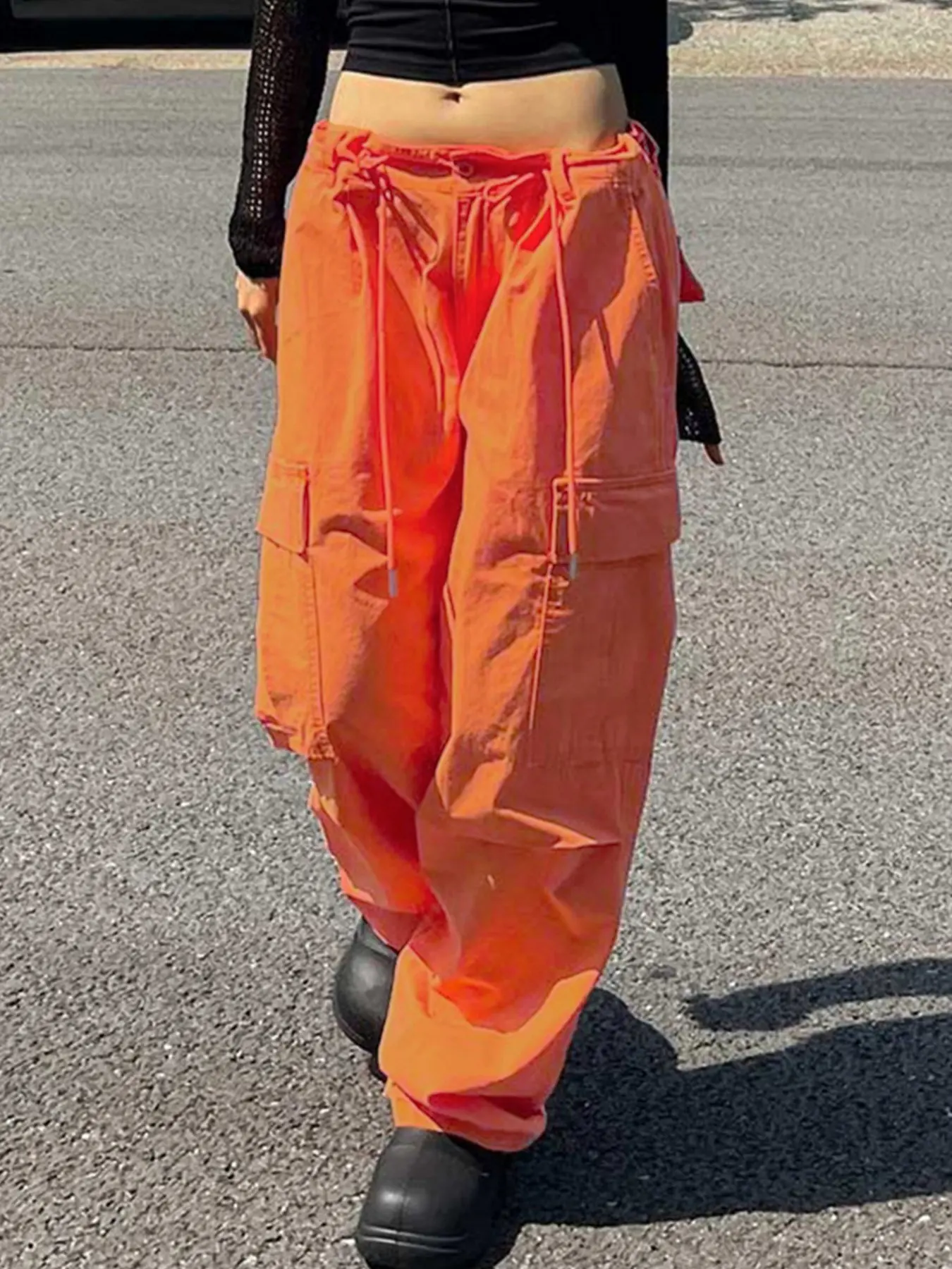 GILIPUR orange adjustable drawstring waist cargo wide-leg pants, women's American retro Vintage style with multiple pockets, Y2K Casual Loose Pants, sexy style floor-length pants, TChic