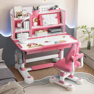 2Pcs/Set Kids Study Desk Chair Set, Height Adjustable Children School Study Table Chair Set with Sitting Corrector, Ergonomic Desk Chair with Book Stand, Foot Pedal, Partition Design (Pink, Blue)