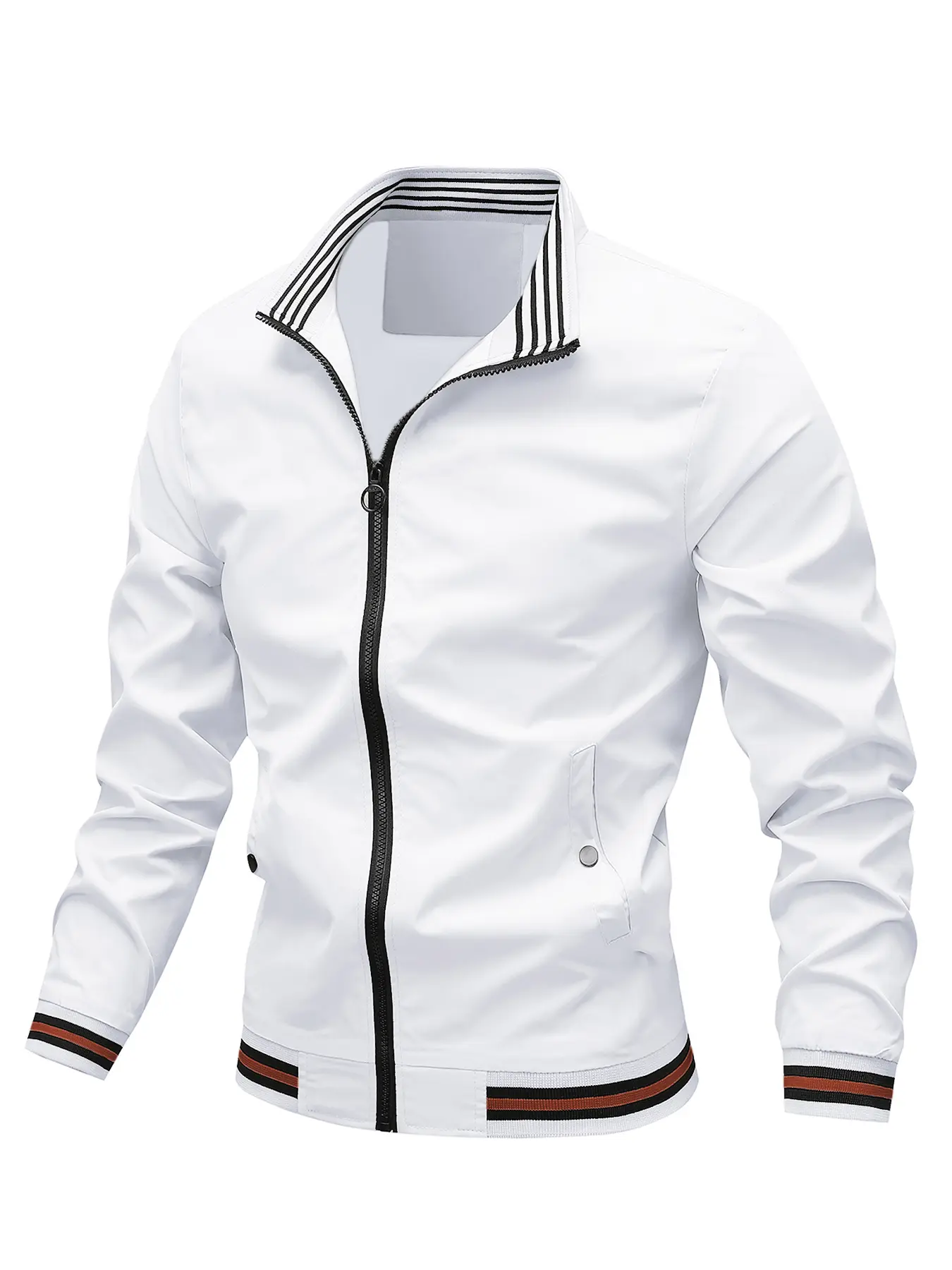 Men's Stand Collar Jacket, Fashionable Casual Long Sleeve Outerwear, Spring & Fall Trendy Men's Coat, Fitted Plain Style, Zippered Jacket, Street Fashion Outerwear, Casual Outerwears, Outerwear Coats