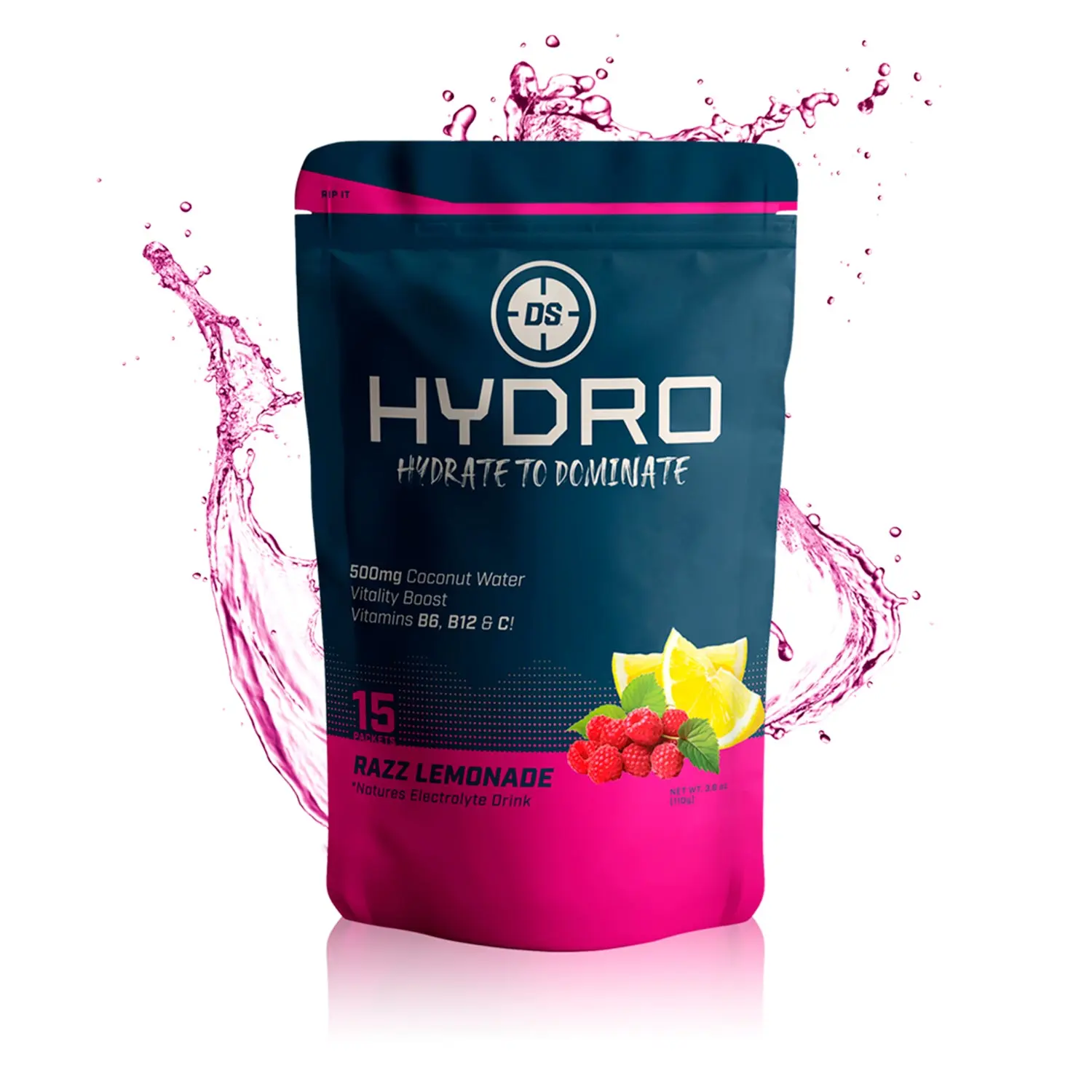 DS HYDRO - Raspberry Lemonade Beverage Sport - Zero Sugar Energy Drink with 900mg Coconut Water & Vitality Boost Vitamins B6 B12 & C - Hydrate to Dominate