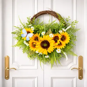 Sunflower Plant Wreath Door Decor, Farmhouse Home Front Door Knit Fake Sun Flower Vine Circle Wall Hanging, Garden Fence Decoration