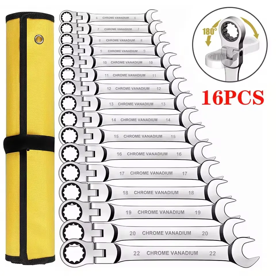 16PCS Chrome Vanadium Multifunctional Ratchet Wrench Set - 6-22mm Size Range, 180° Rotation, Durable Hand Tool for Mechanics