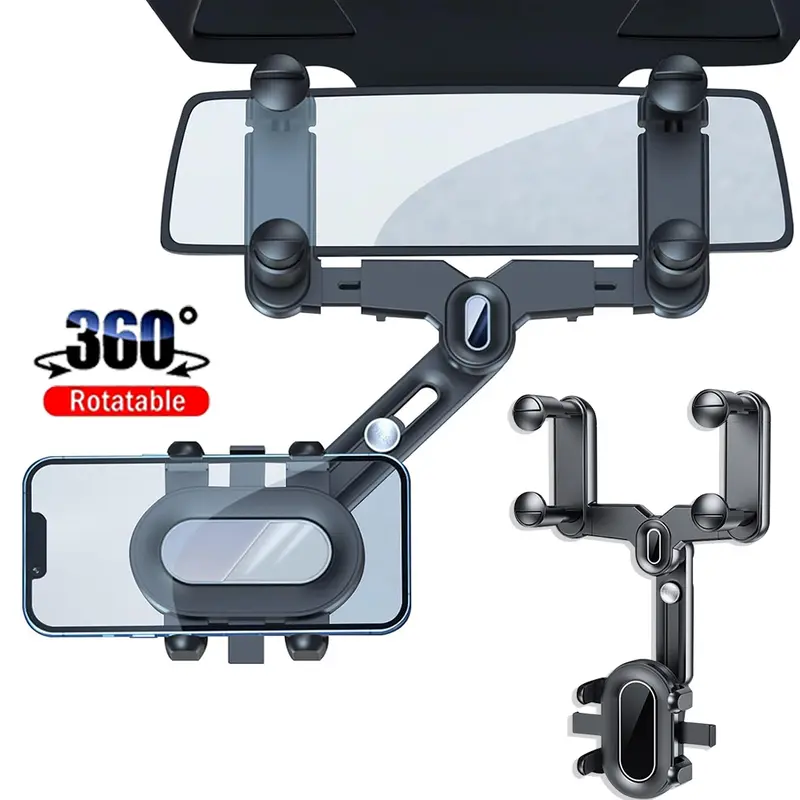 360 Degree Car Phone Holder Rearview Mirror, 2026 Multifunctional Navigation Bracket with Four Corner, 360° Rotatable & Retractable Car Phone Holder,car accessories