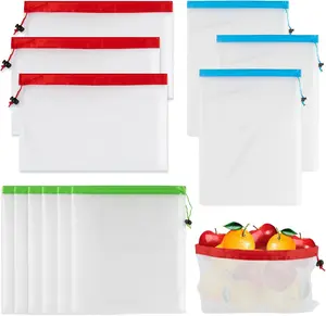 12PCS Reusable Produce Bags - Mesh Produce Bags Drawstring Reusable Washable Vegetable Storage Bags Refrigerator Keep Fresh Grocery Food Fruits Veggie Green Net Bag Toy Storage Zero Waste Shop