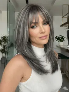 18 Inch Greyish Long Straight Wigs for Women, Gorgeous Fluffy Wigs with Blunt Bangs, Synthetic Full Machine Wigs for Party, Daily Use, Synthetic Smooth Wig