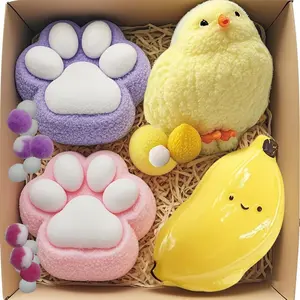 4pcs Big Squishy Toys Set - 1 Mega Chick  Banana & 2 Cat Paw Squishies For Adults Cute Slow-rise Sensory Fidget Party Favors Classroom Rewards