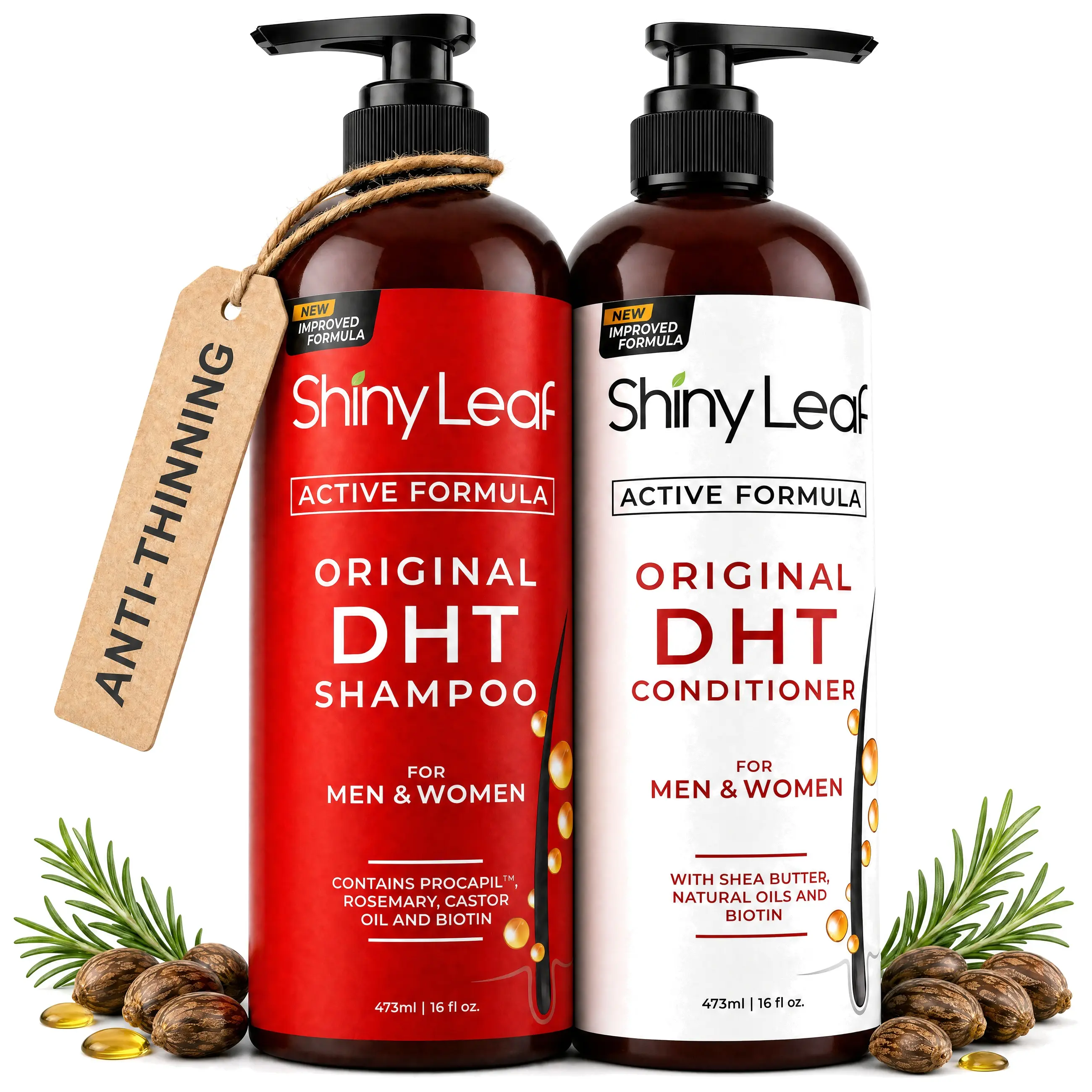 DHT Blocker Anti Hair Loss Shampoo and Conditioner Set With Biotin, Castor Oil, Rosemary, Daily Thinning Hair Treatment For Women and Men(2 x 16 Oz)