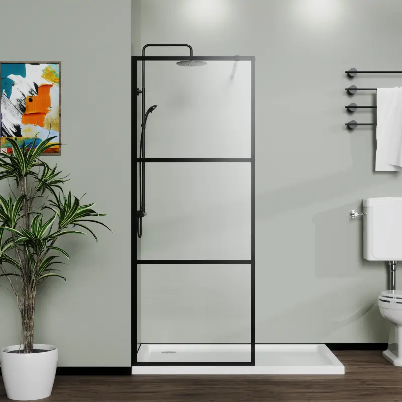 Goodyo 34*72in Wall Mounted Tempered Glass Walk-in Wet-Room Shower Screen Door, Black 3-Panel Style, Adjustable, High-Quality Premium Material Construction, Stable Sturdy Open Entry Room Divider