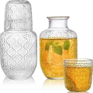 Embossed Glass Bedside Water Bottle Set with Lid, Leakproof Travel Mug for Bedroom Office, Reusable Heat Resistant BPA Free Clear Drinking Glasses, Stylish Glass Cups, Vintage Light Luxury 2-in-1 Cup, Modern Home Essentials, Perfect Gift Idea