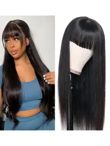 Brazilian Natural Straight Hair Wig with Bangs, Women's 150% Density Full Lace Machine Made Wig, Rose Net Cap, Natural Color, Adjustable Straps