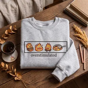 [FREE SHIPPING] Howl’s Moving Castle Inspired Embroidered Sweatshirt, Overstimulated Anime Crewneck, Studio Ghibli Aesthetic Sweater, Cozy Calcifer Pullover