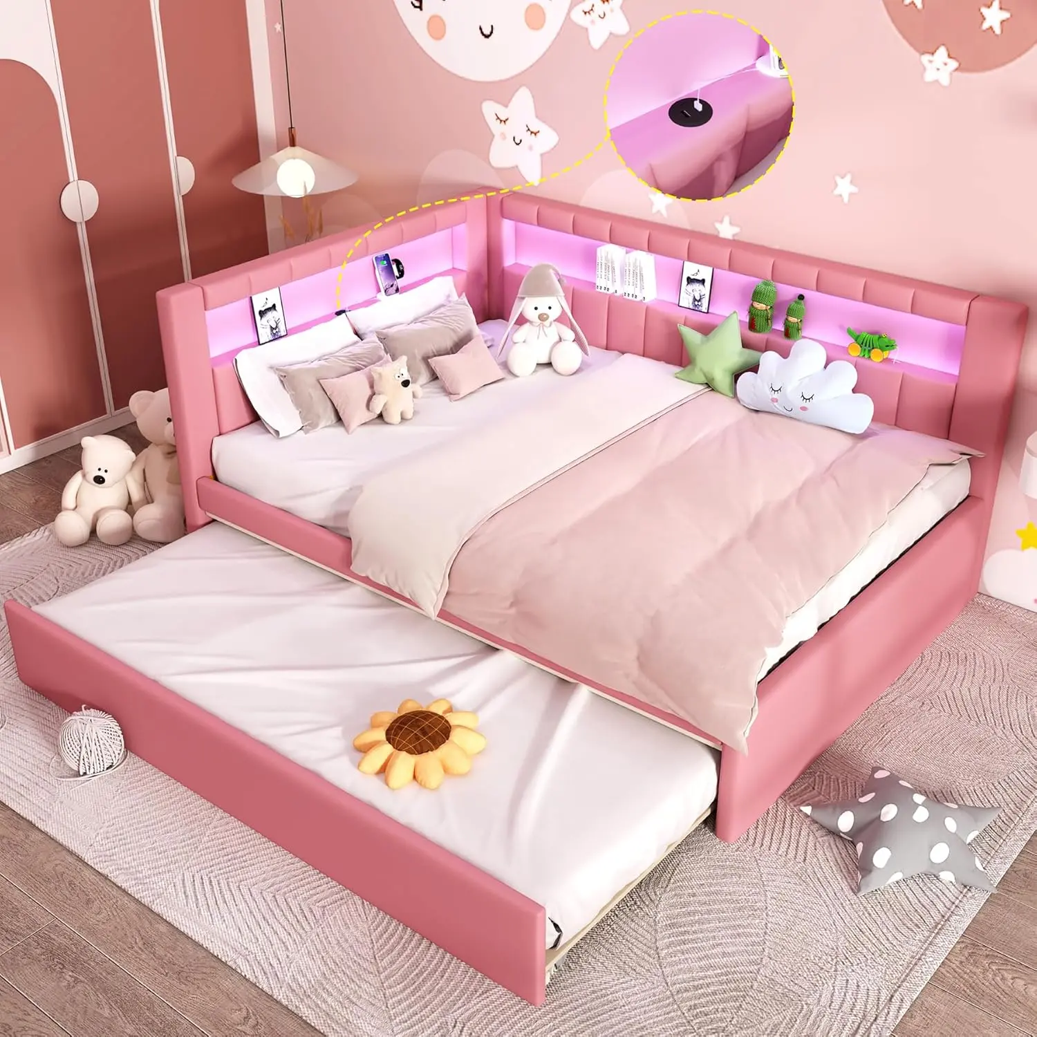 Upholstered Full Size Daybed with Trundle, Day Bed Frame with Storage L-Shaped Headboard USB Ports and LED Belt, No Box Spring Needed Girls - Pink