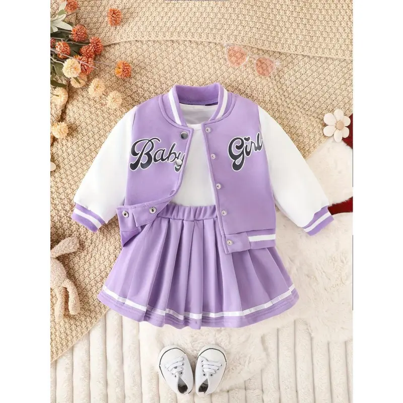 Girls' 2-Piece American Style Patchwork Baseball Jacket & College Wear Pleated Skirt Set - Long Sleeve Round Neck, Appliquéd Letters, Knee-Length Regular Fit, Autumn Winter Outdoor Kids' Fashion