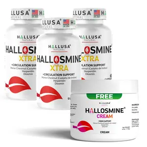 HALLUSA NATURAL HALLOSMINE XTRA 180-Capsule Circulation & Vein Health Support Supplement with Free Diosmin, Horse Chestnut Extract, Hesperidin Veins Cream