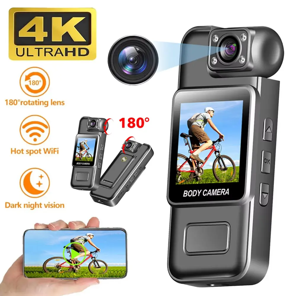 Ultra HD 4K Wearable Mini Camera, WiFi Portable BodyCam with Infrared Night Vision, Micro Cable, Rechargeable Digital Video Recorder, Sports DV Riding Camcorder, Screen, Memory Card Support