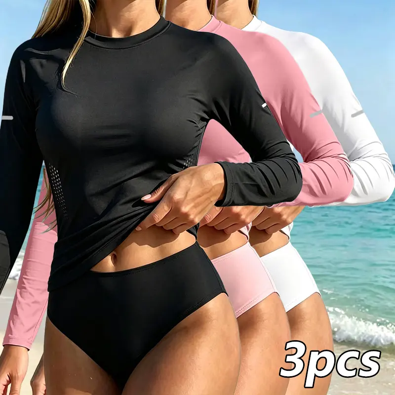 3‑Pack Women’s Perforated Long‑Sleeve Rash Guards, for beach sightseeing and water sports, serve as a beach outfit top and sports base layer