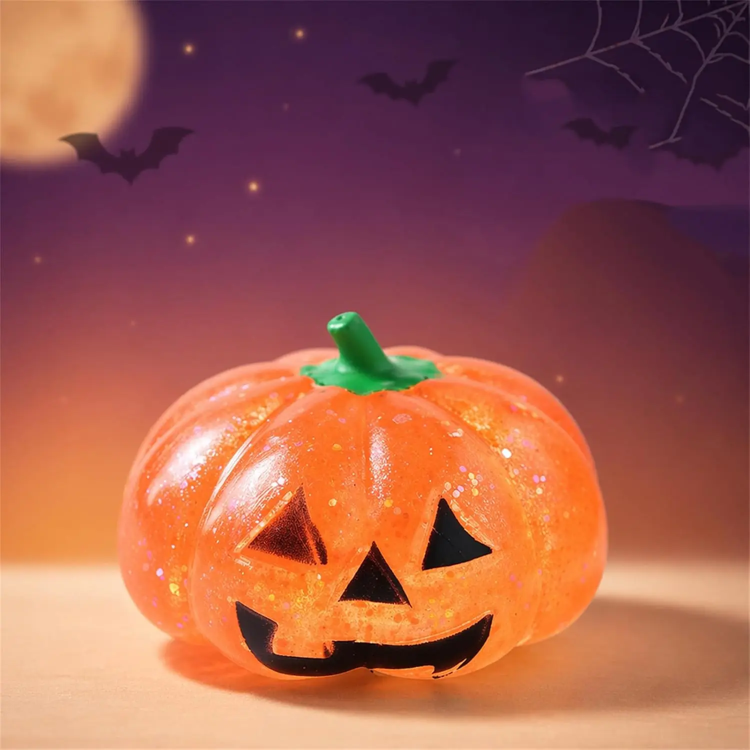 Viral Halloween Glitter Pumpkin Squishy Toy 3 Inch Slow Rising Soft Squeeze Fidget Toy, Cute Jack O Lantern Stress Relief Sensory Toy for Office Adults Anxiety, Kawaii Sparkle Pumpkin Squishies Halloween Party Decor Gift