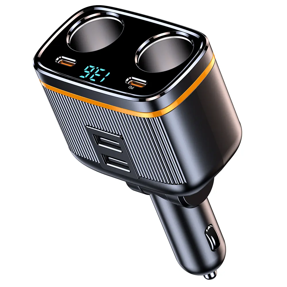12V/24V 2-Socket 6 in 1 Cigarette Lighter Splitter with Voltage Detection,  Car Charger Adapter Dual USB QC3.0 &Type-C PD45W Fast Charging