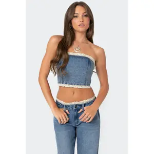 Karlie Lace Trim Denim Tube Top