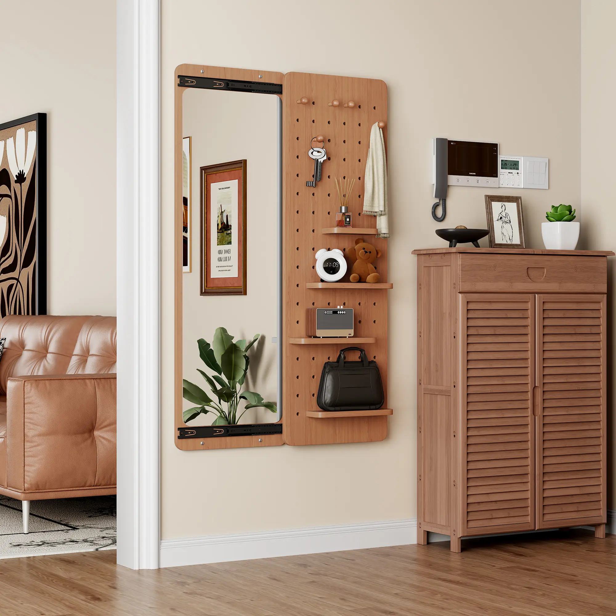 Rubber Wood Wall-Mounted Full-Length Mirror, Multi-Functional Push-Pull Sliding Storage Mirror with Adjustable Shelves & Hooks, HD Space-Saving Wall Organizer Mirror, All Hardware Included Easy Install Decor Mirror for Bedroom, Living Room, Entryway