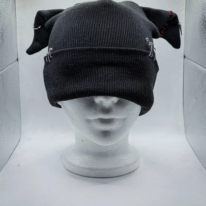 Dog Ear Beanie - Black Knit Hat with Unique Ear Design for Cozy Winter Wear