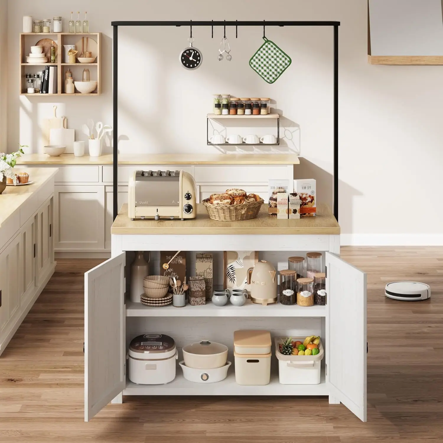 42-In Sturdy Heavy-Duty Versatile Mobile Kitchen Island Cart with Solid Wood Construction Countertop, 2-Tier Shelves, 5 Hooks, 400lb Capacity, Removable Metal Top Shelf, Microwaves Compatible, Natural & White Finish, Smart Storage for Small Spaces