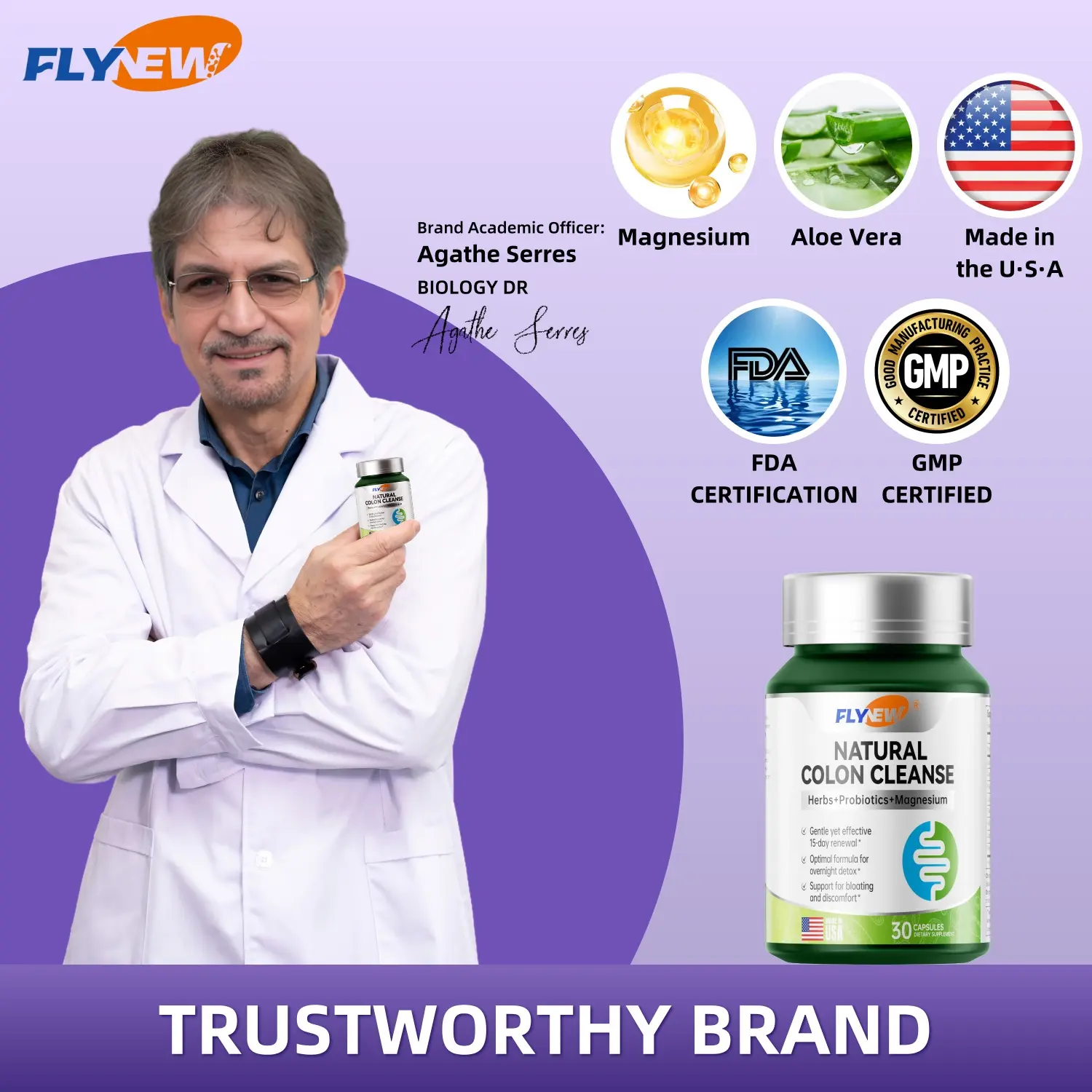 FLYNEW Effective Dietary Supplement Capsules - 15-Day Renewal Gut & Colon Health Support, Organic Herbs & Magnesium, Occasional Constipation & Bloated Stomach Relief - 30ct Bottle