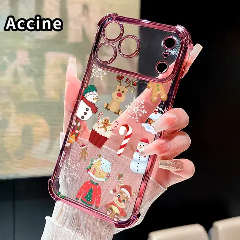 Transparent Soft Silicone Smartphone Casing - 4-Corner Plated, Shockproof, Crash-Proof, Lightweight, Christmas Pattern, Flexible, Slip-Resistant, Full Lens Guard Protection for iPhone 17 Pro Max,16,15 Plus,14,13,12,11,E,Air - Family Gift Mobile Accessory