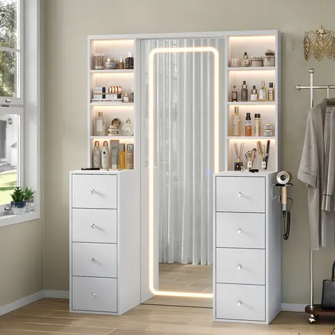 [Shipping By 2 Packages] FUSOU Vanity Desk with Full Length LED Mirror, Tall Makeup Vanity with Power Outlet, 3 Color Modes, Brightness Adjustable, 8 Drawers with Shelves Vanity Table for Bedroom, Back to School