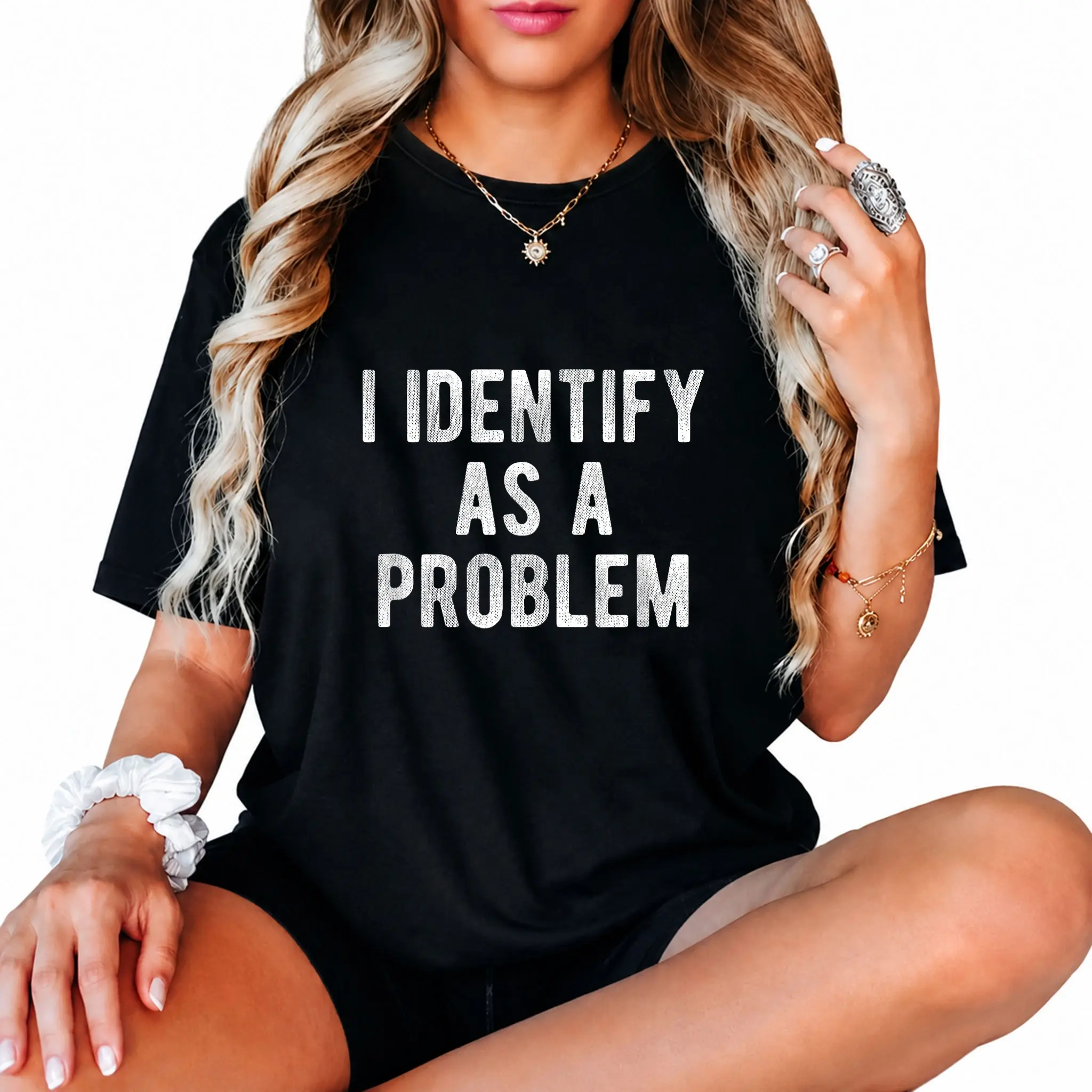 Women's 100% Cotton Casual Everyday Vintage Graphic Top - Funny Sarcastic "I Identify As A Problem" Quote T-Shirt, Tops, Funny Shirts