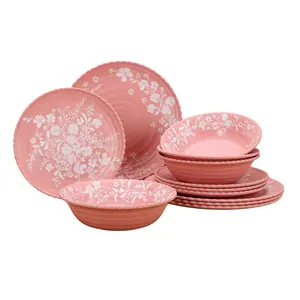 Daisy 12-Piece Bamboo Melamine Dinnerware Set, Pink