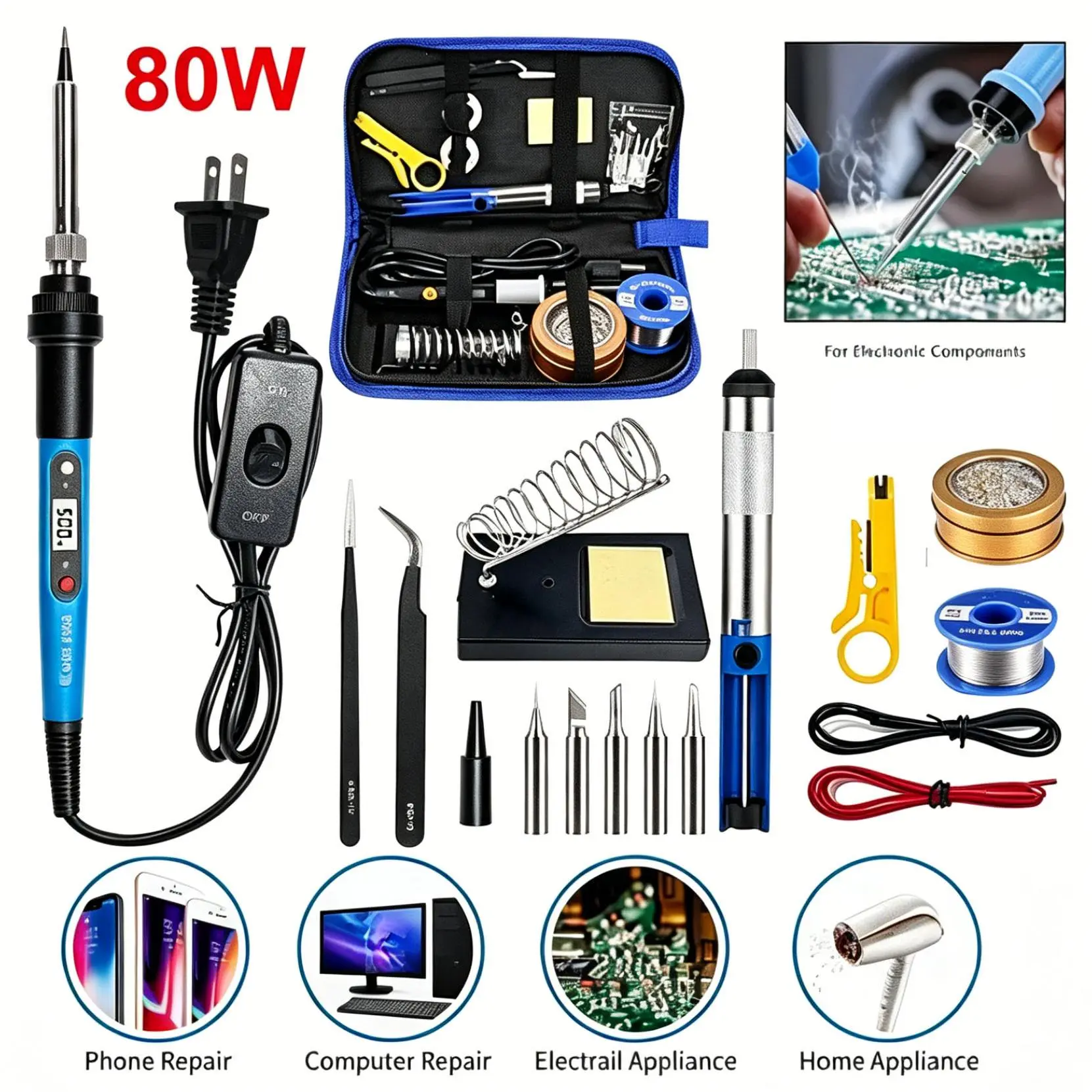 Adjustable Temperature Soldering Iron Set, 80W Fast Heat Up Welding Tool, 110-220V Universal Voltage, Rosin Solder Wire Desoldering Pump & Storage Bag for Home Workshop Use, 0.8Mm 50G Solder Wire