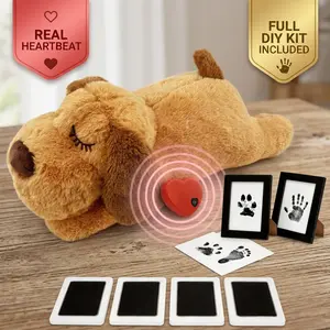 New Puppy Homecoming Kit – Calming Heartbeat Plush Dog Toy + 4 No-Wash Paw Print Ink Pads + 2 Wooden Frames – Essential for Anxiety Relief & First Memories