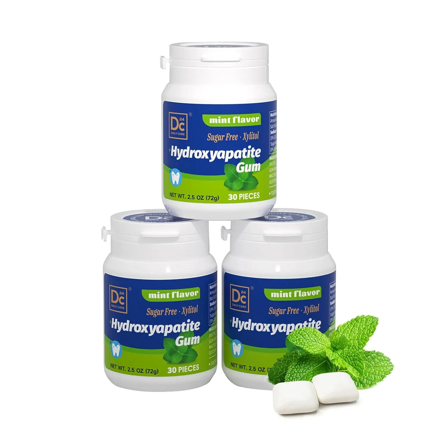 DC24 DAILY CARE Remineralizing Gum with Hydroxyapatite and Xylitol, Sugar Free Gum, Aspartame & Sucralose Free Dental Gum, Supports Fresh Breath and Oral Health, Peppermint Flavor 30 Count (Pack of 3)