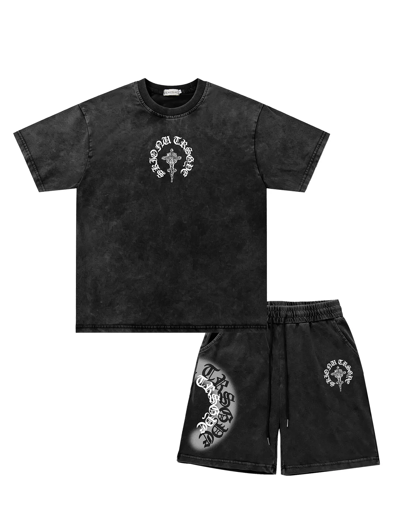 Men's Summer Fashion Set, Vintage Washed Tie-Dye Graphic Cross Short Sleeve Round Neck Tee & Sport Pants Two-Piece, Casual Trendy Menswear Clothing