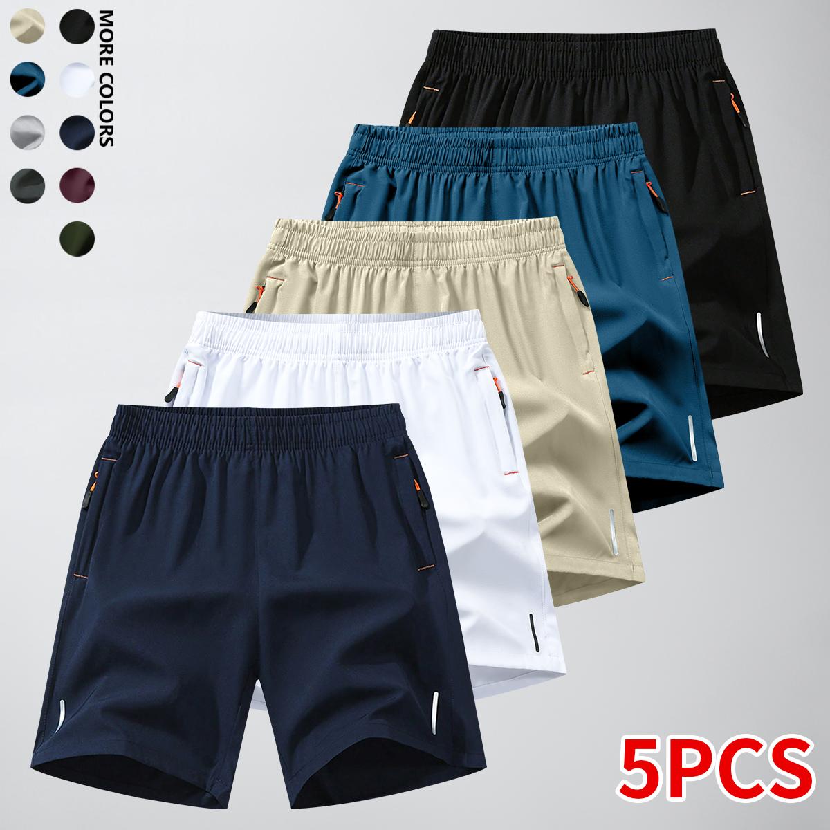 5 Packs Men's Quick Dry Workout Shorts, Elastic Drawstring Waist Athletic Shorts with Zipper Pockets, Breathable Lightweight Sports Pants for Gym, Fitness, Running & Outdoor Activities