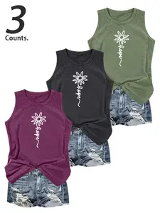 Women's  Round Neck Floral Printed Tank Sleeveless Top, Casual Sleeveless Top for Summer, 3 Pieces Tanks Ladies Clothes for Daily Wear