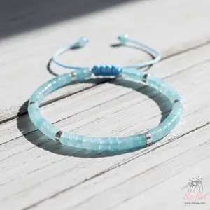 Sofia Natural Aquamarine Stone Bracelet Healing Crystal Barrel Gemstone Braided Dainty Handmade Minimalist Style for Daily Use Gift for Her Him