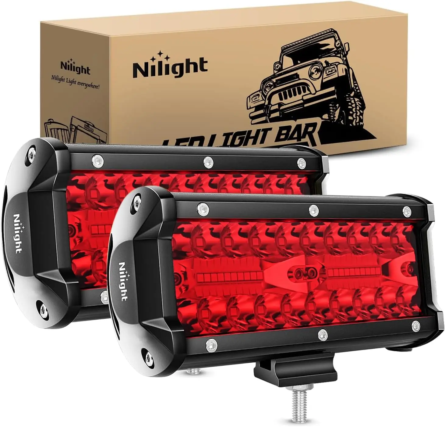 Nilight 6.5in Red Triple Row LED Light Pods - 2PCS 120W Flood-Spot Combo Bars, Aluminum Housing, Long-Range Safety Signal, LED Light Bars for Outdoor Car Driving Accessories, Lights For Outdoor