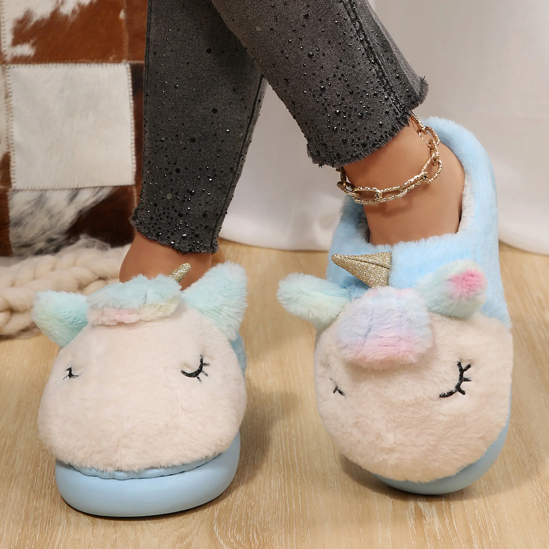 Women's  Unicorn Slippers Plush Lightweight Warm Comfort Soft Animal Slipper Fuzzy Fluffy House Shoes
