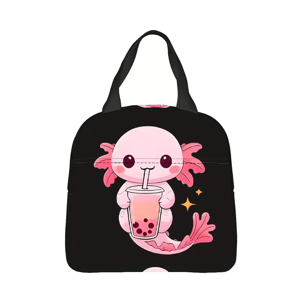 Cute Salamander Milk Tea Print Polyester Fiber Foldable Cooler Pouch Lunch Bag, Large-Capacity Portable Mini Bag for Daily Commute, School, Synthetic, Cooler Pouch Lunch Bags